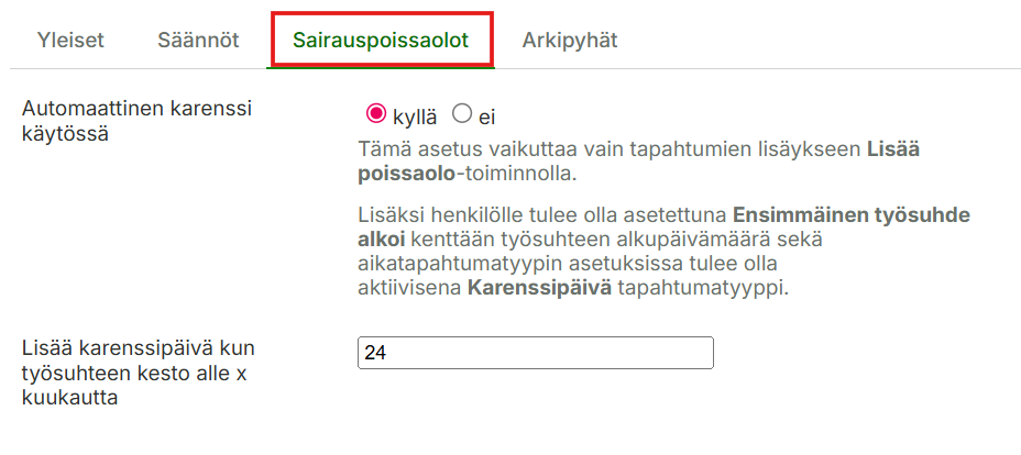 Työehtosopimuksen karenssiasetukset